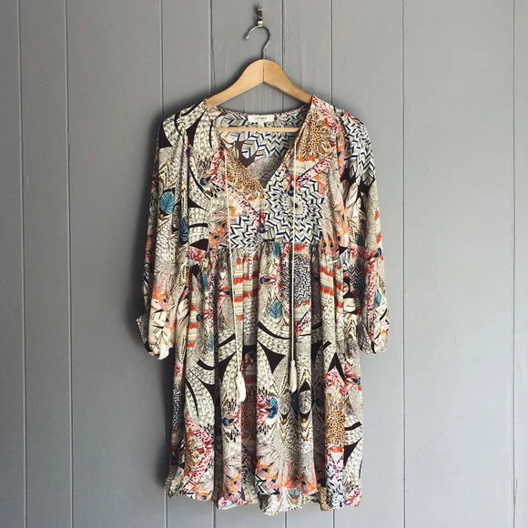 Umgee | Dresses | Umgee Tribal Feather Print Babydoll Boho Dress | Poshmark